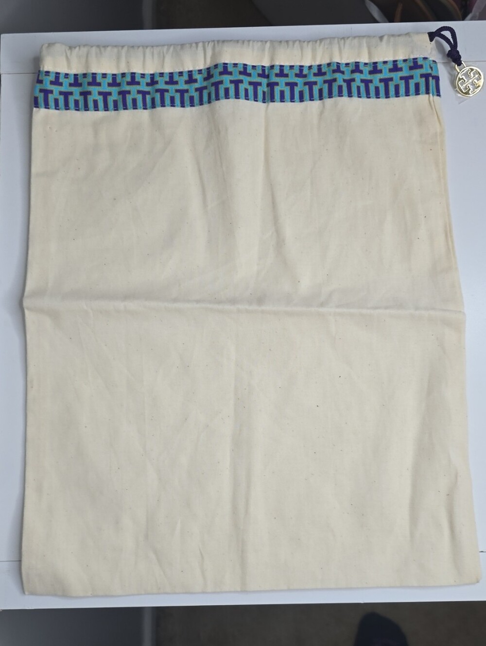 Tory Burch Cream Canvas Drawstring Dust Bag with Blue Trim